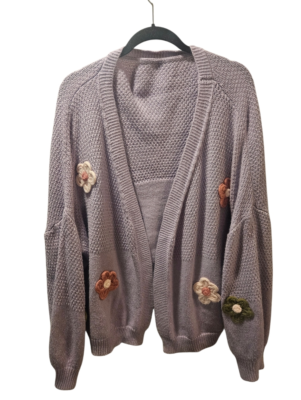 SHEIN Lilac Open-Front Cardigan with Floral Appliqués